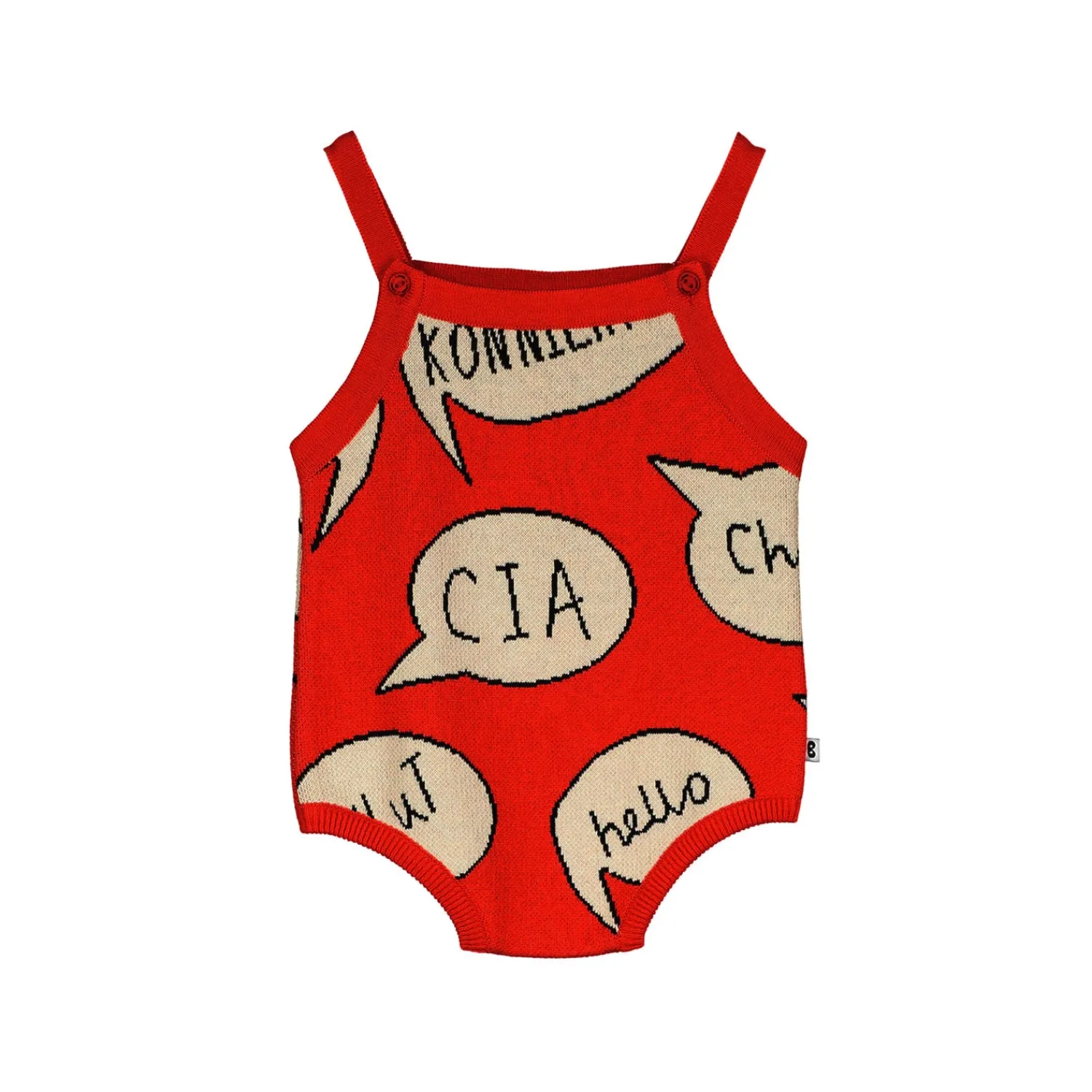 Beau Loves Rompers> Knit Baby Romper, Ecru/Tomato Red, Hello, Speech Bubbles