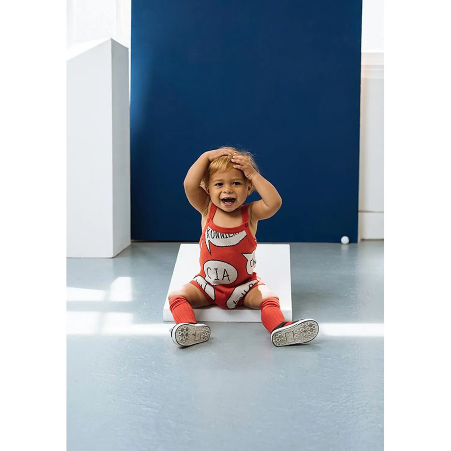 Beau Loves Rompers> Knit Baby Romper, Ecru/Tomato Red, Hello, Speech Bubbles