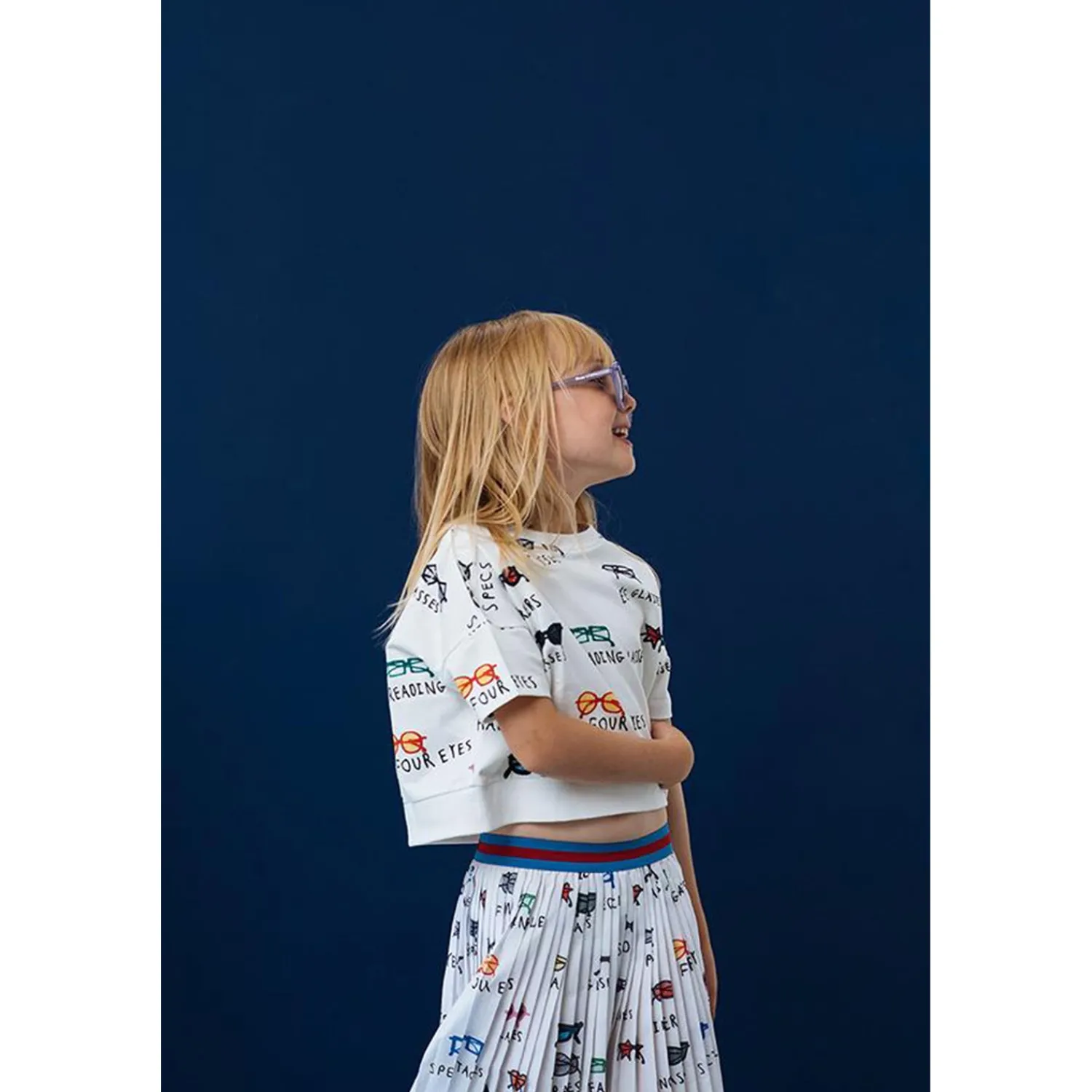 Beau Loves Dresses> Pleated Skirt, Ecru, Spectacles Aop