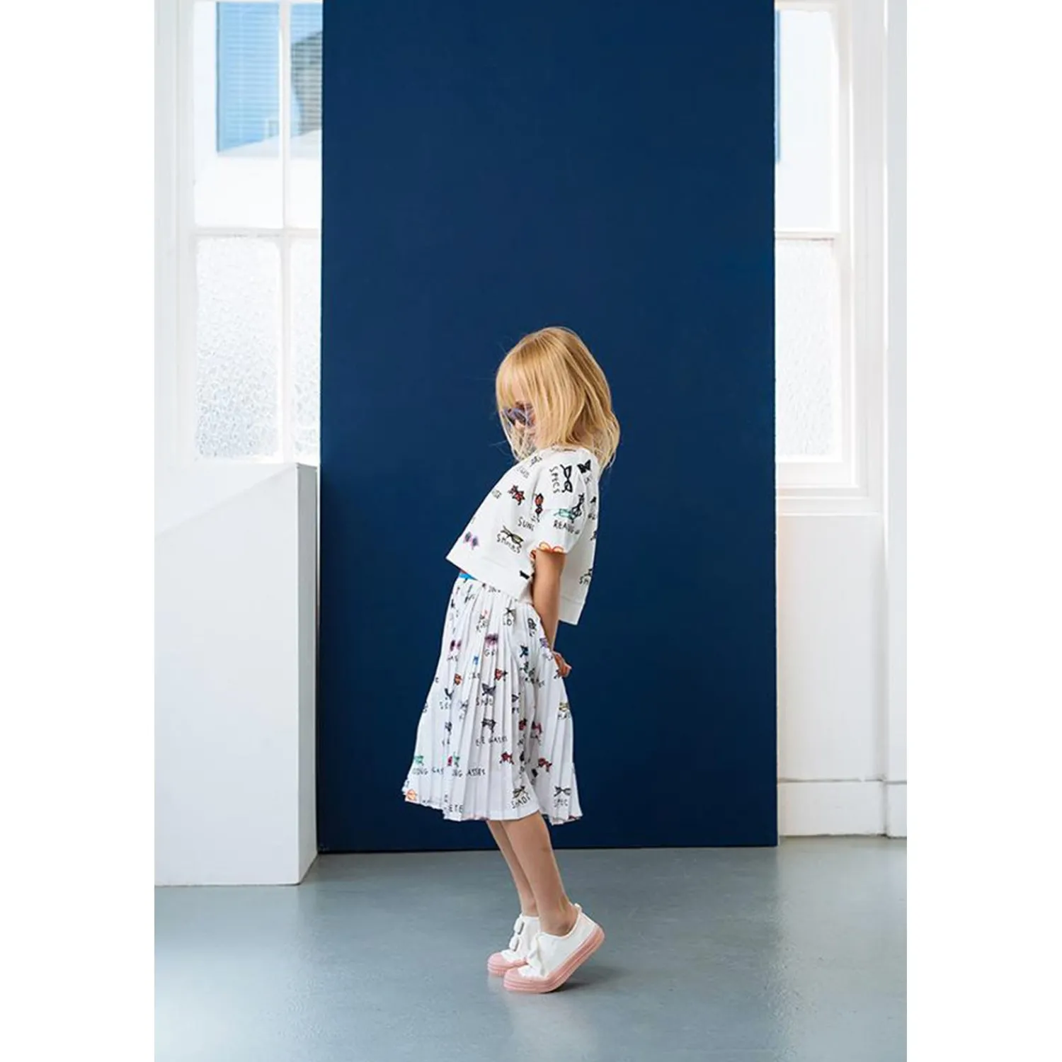 Beau Loves Dresses> Pleated Skirt, Ecru, Spectacles Aop