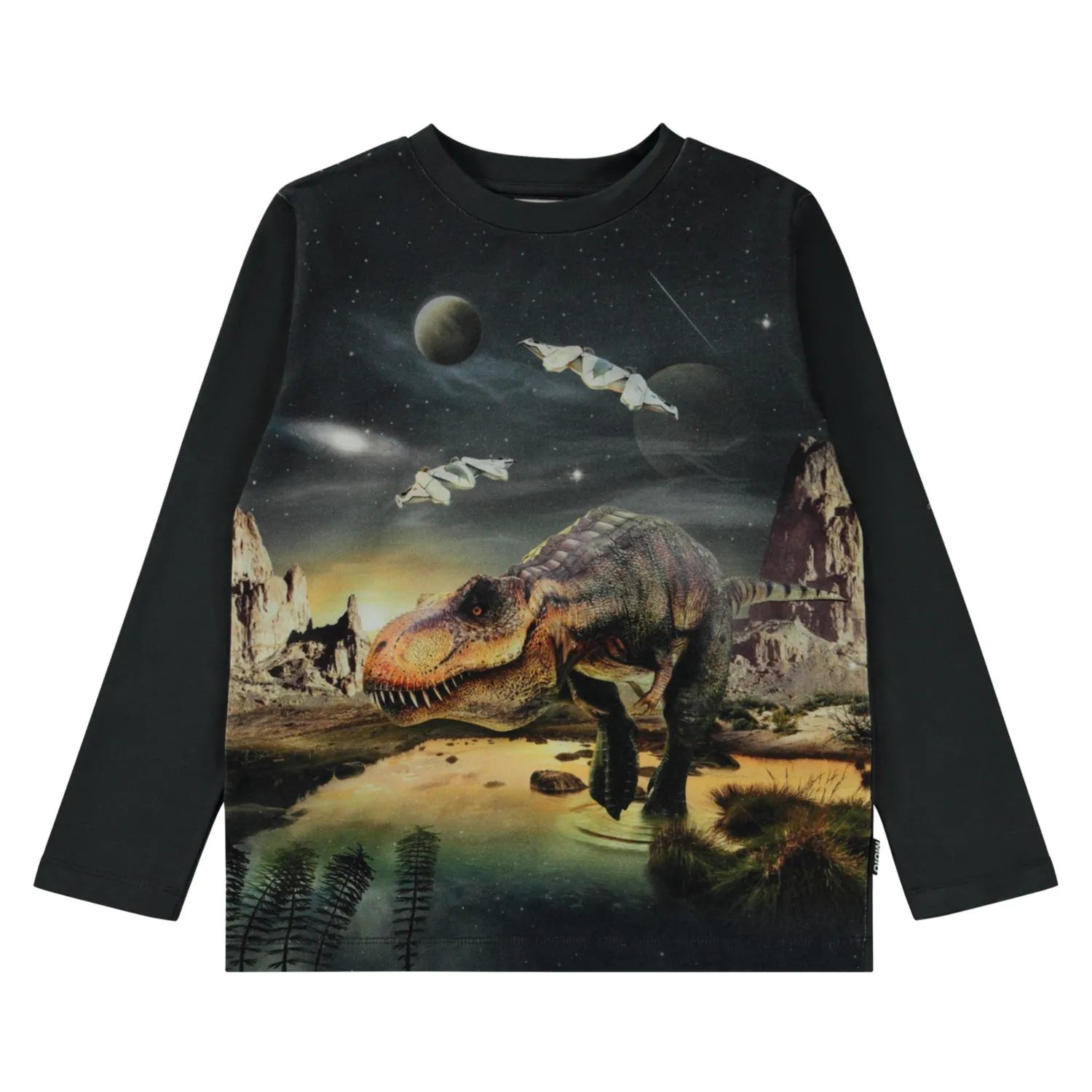 Molo Kids T Shirts>Molo Reif T-Rex Planet Black Long Sleeve T-Shirt