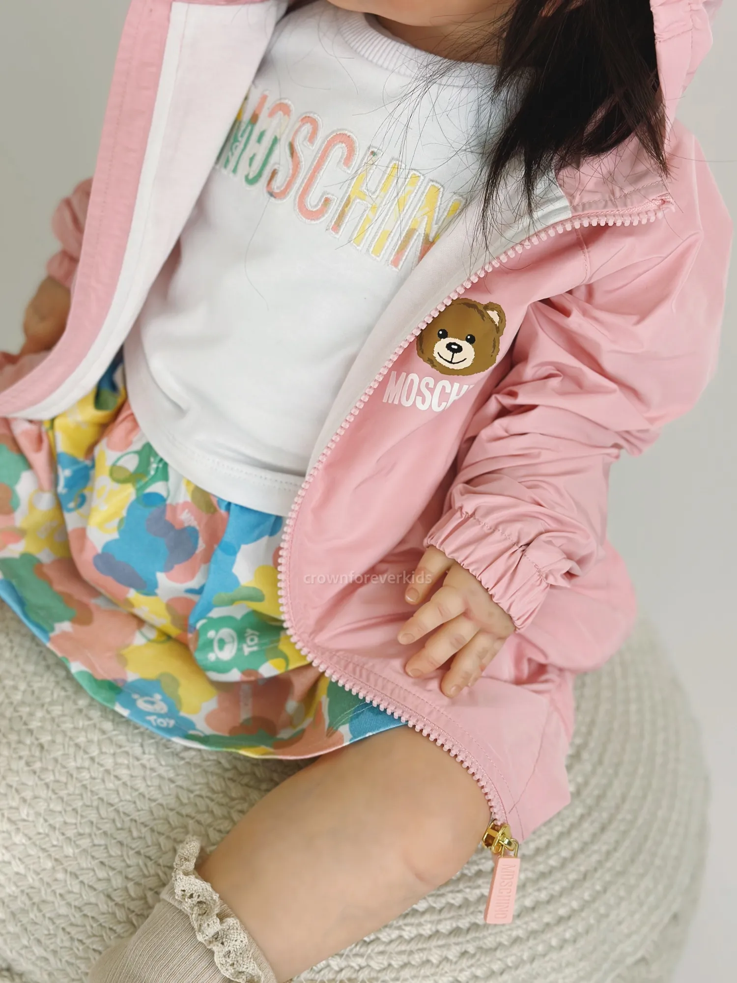 Moschino Jackets> Baby Bear Toy Rattle Hooded Jacket Pink