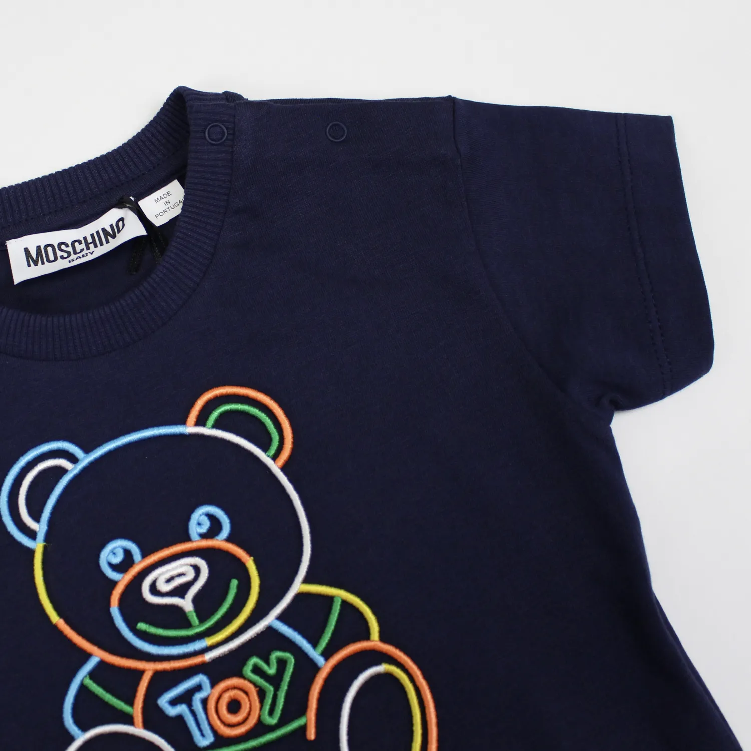 Moschino T Shirts> Baby Rainbow Embroidered Bear T Shirts Navy