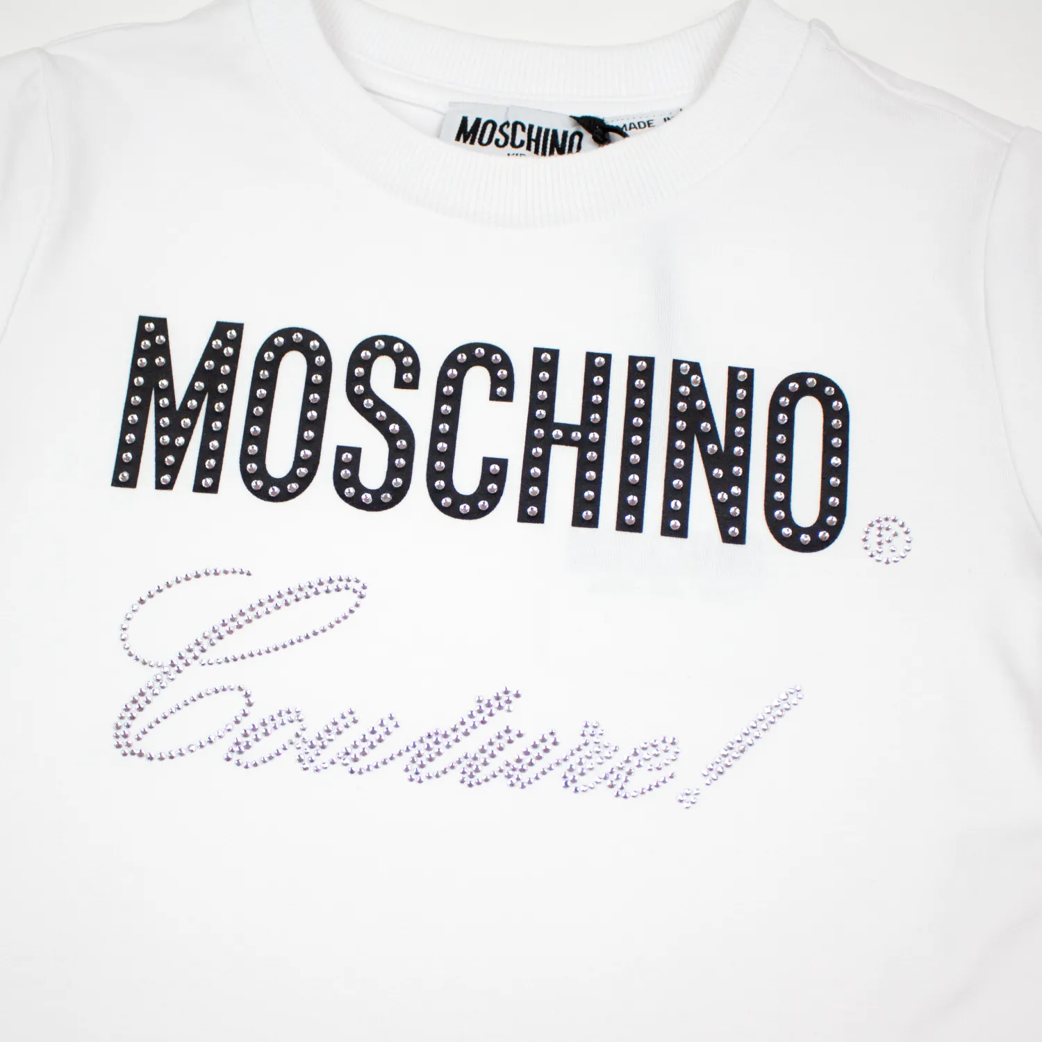 Moschino Long Sleeve T Shirts> Kids Logo Rhinestones T Shirt White