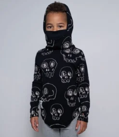 Nununu World Hoodies> Scribbled Skulls Ninja Shirt Black