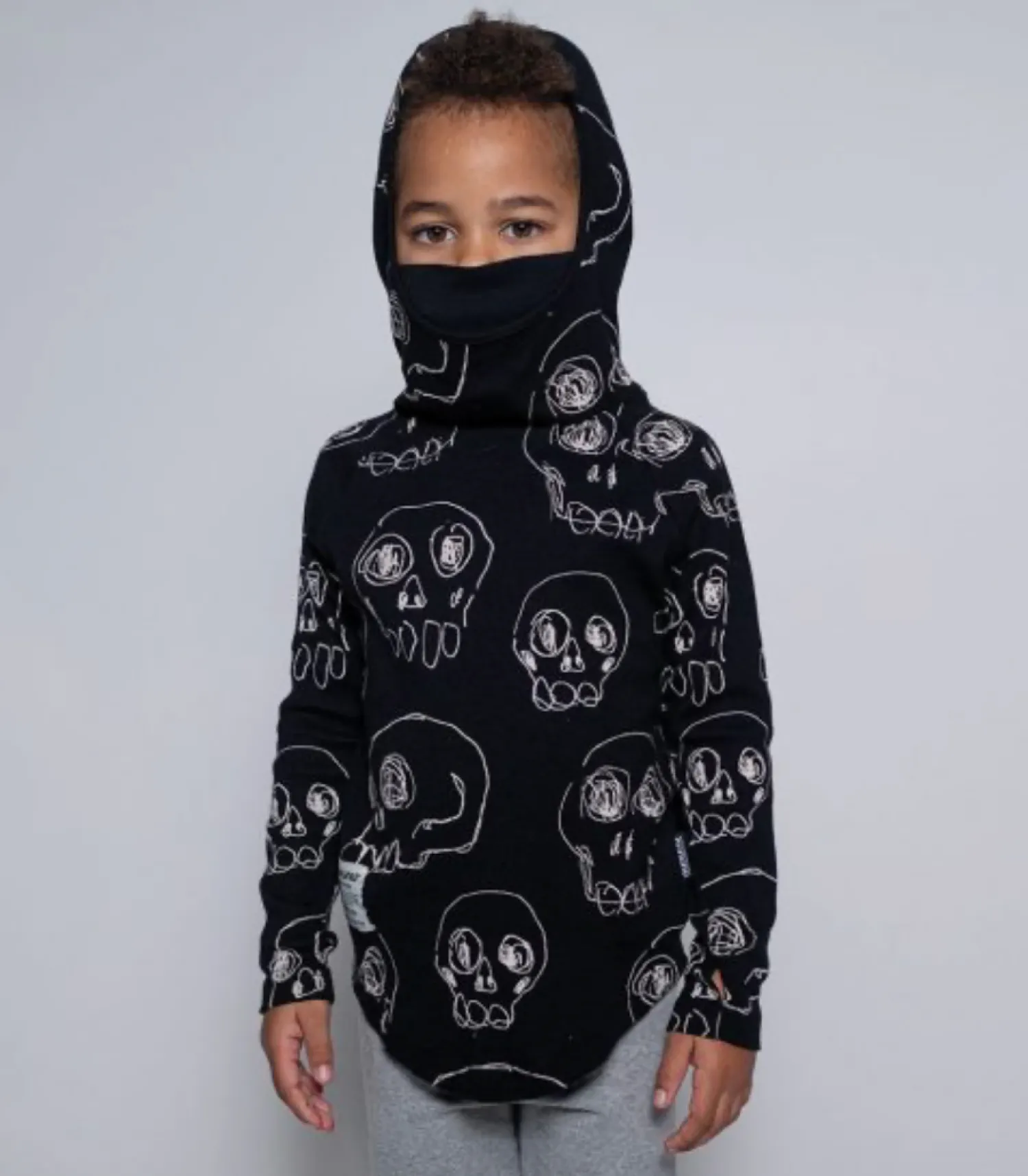 Nununu World Hoodies> Scribbled Skulls Ninja Shirt Black